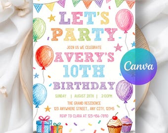 Simple Colorful Birthday Invite, Bright and Ceerful Party, Colorful Invitation Fun Birthday Party, Digital Download, Editable Canva Template
