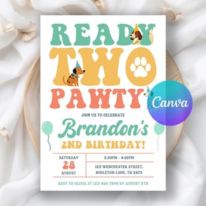 Pode incluir: Um convite para uma festa com o texto "READY TWO PAWTY" em verde-azulado, laranja e amarelo. O convite inclui o nome "Brandon's" e detalhes para uma celebração de 2º aniversário, com tema de cães e pegadas.