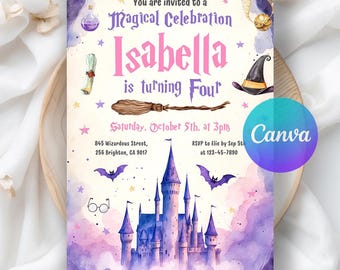Convite de aniversário de bruxas e feiticeiros, convite de feiticeiro mágico, convite de aniversário mágico, festa de escola de magia, modelo editável do Canva