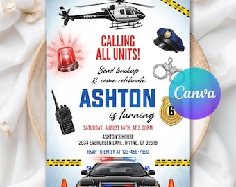 Invitación de cumpleaños de policía, invitación de policía, fiesta de cumpleaños de niño policía, coche patrulla SWAT para niños, plantilla editable de Canva