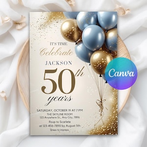 May include: An invitation for Jackson's 50th birthday celebration. The design features gold and blue balloons, gold confetti, and the text "It's Time Celebrate JACKSON 50th years". The event details are also included.