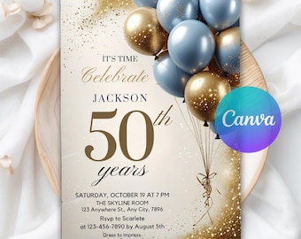 Adult Men's Any Age Birthday Invitation, Balloons Party Invite, Let's Celebrate Blue Silver Gold Printable Digital Editable Canva Template