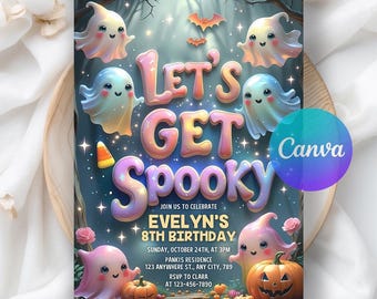 May include: A Halloween-themed invitation with the words "Let's Get Spooky" in colorful bubble letters. The design features cartoon ghosts, pumpkins, and bats against a dark, starry background. The invitation is for Evelyn's 8th birthday.