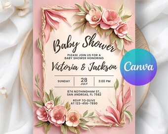 Różowe zaproszenie na baby shower w stylu boho, motyw pampasowy, kwiatowy, do druku, do pobrania w wersji cyfrowej, edytowalny szablon Canva