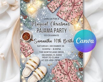 Girls Pajama Birthday Invitation, Christmas Pajama Party Invite, Digital Download,  Editable Canva Template