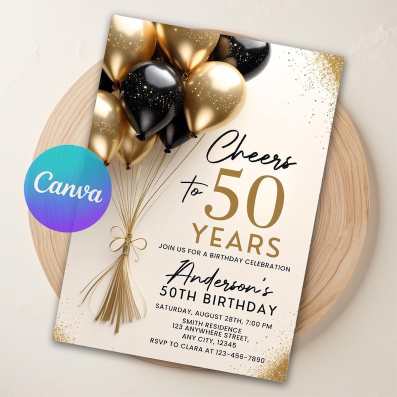 Black Gold Invite, 50th birthday invite, Birthday Dinner, womens 50th birthday, Fifty Birthday, 50th Party, 50th digital invite, text message invite, Birthday Brunch, 50th invitation, 50th birthday mens