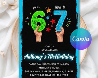 Six Seven Birthday Invitation for boys, I was 6 now I'm 7 Party Invite, Digital Download, Editable Canva Template