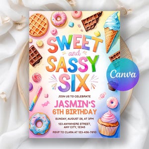 Sweet Sassy and SIX Birthday Invitation, 6th Girl Birthday Invitation, cotton candy sweets donut ice cream cupcake, Editable Canva Template