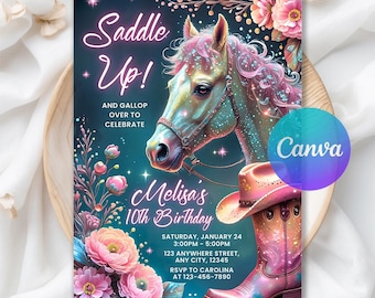 Invitación de cumpleaños de vaquera, invitación de fiesta vaquera con caballo, invitación de cumpleaños floral rosa, imprimible digital de vaquera, plantilla editable de Canva