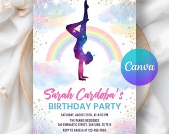 Gymnastics Birthday Invitation Girl, Rainbow Gym Party Invite, Digital Download, Editable Canva Template