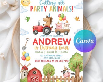 Invitación de cumpleaños con temática de granja, Invitación de cumpleaños con animales de granja, Fiesta de cumpleaños infantil en un rancho, Invitación de granja, Descarga digital, Plantilla editable de Canva