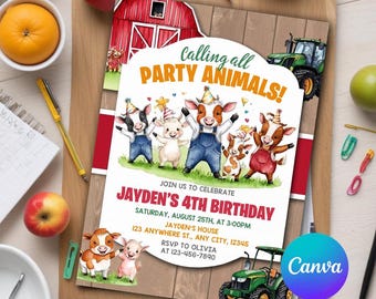 Editable Farm Birthday Invitation, Farm Animals Birthday Invite, Ranch Kids Birthday Invitation, Farm Invitation, Editable Canva Template