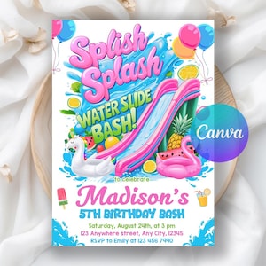 Puede incluir: Una colorida invitación para una fiesta de cumpleaños con tobogán acuático. El diseño presenta un tobogán rosa, un flotador de cisne y el texto "Splish Splash Water Slide Bash!". La invitación es para el 5º cumpleaños de Madison.