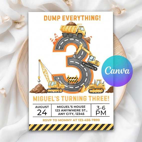 Construction Birthday Invitation, Construction Invitation, Dump Truck Party Invite, 3rd Birthday Invite Printable Template, Editable Canva