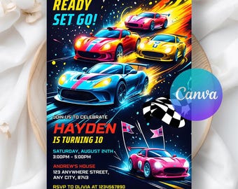 Race Car Birthday Invitation, Sport Race Car Invite, Boys Invitation, Car Birthday Invitation, INSTANT DOWNLOAD, Editable Canva Template