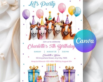 Horse Birthday Invitation, EDITABLE Saddle Up Cowgirl Invite, Country Western Party, Pink Equestrian Birthday Evite, Editable Canva Template