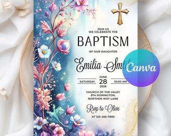 Wildflower Girls Baptism Invitation, Baby Christening Invite, Digital Download, Editable Canva Template