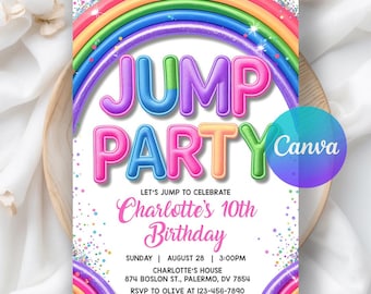 Invitación de cumpleaños para niña, fiesta de trampolín, fiesta de rebote, invitación de cumpleaños de trampolín, descarga digital, plantilla editable de Canva