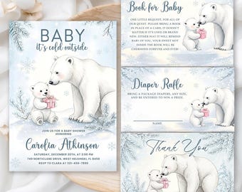 May include: Baby shower invitation set with a winter theme. The invitation features a watercolor illustration of a polar bear and cub with a gift. Includes a "Book for Baby" card, a "Diaper Raffle" card, and a "Thank You" card.