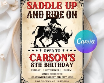 Bull Rodeo Birthday Invitation, Cowboy Birthday Party Invitation, Cowboy Party Invite, Bull Party Printable Digital Editable Canva Template