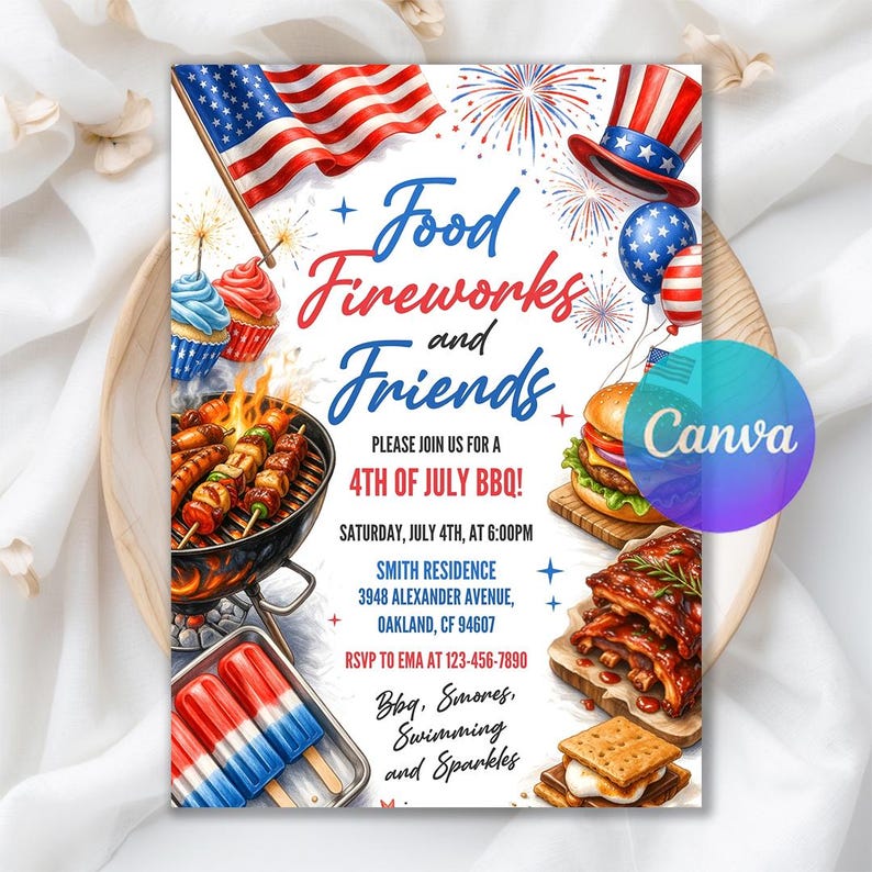 4th Of July BBQ Invitation, Party In USA Invite, Independence Day BBQ Barbeque Invite, July Fourth Food Friend and Firework, Editable Canva
independence day bbq,4th july bbq invite,4th july barbeque,4th july bbq,4th july printable,4th july template,4th july invitation,4th of July Invite,July fourth invite,red white blue party,fourth of july party,patriotic invites,party in the usa
4th of July BBQ Invitation, Editable USA Independence Day Party Invite, Digital Canva Template