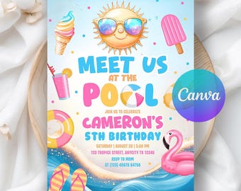 Editable Pool Party Birthday Invitation, Pastel Girl Pool Birthday Party, Digital Summer Invite, Pool Party Invite, Editable Canva Template