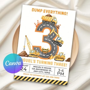 Construction Invite, dump trucks birthday, Dump Truck Party, Construction Party, printable kids truck, digital boys invite, truck party template, Excavator Birthday, construction truck, truck birthday, boy birthday invite, 3rd Birthday Card, digger party