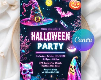 Neon Halloween Birthday Invitation, Kids Halloween Birthday, Halloween Spooky Party Invite, Neon Glow Halloween, Editable Canva Template