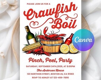 May include: White invitation with red text and illustrations for a Crawfish Boil. The design includes a wooden bucket of crawfish, corn, lemons, and bottles. The text reads "Pinch, Peel, Party" and provides event details.