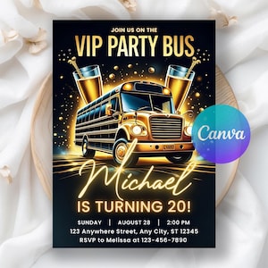 Può includere: Un invito a una festa con un'illustrazione di autobus dorato, due drink e il testo "VIP PARTY BUS". L'invito è per il 20° compleanno di Michael, con data, ora e informazioni RSVP. Il logo Canva è visibile.