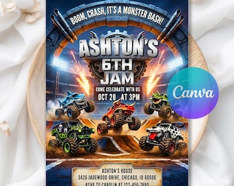May include: A rectangular party invitation featuring a monster truck arena theme with the text BOOM, CRASH, IT'S A MONSTER BASH!, ASHTON'S 6TH JAM, OCT 20 AT 3PM, and address details for 3426 Jadewood Drive, Chicago, ID 60606, RSVP to Carolin at 123-456-7890.