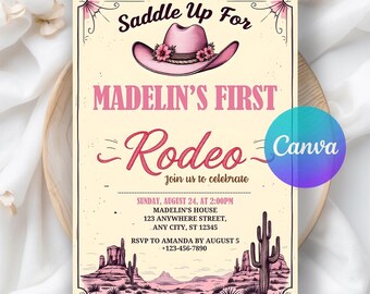 First Rodeo birthday invitation, Girl 1st Rodeo Birthday Invitation, Cowgirl Theme Wild West Western Party Invites, Editable Canva Template