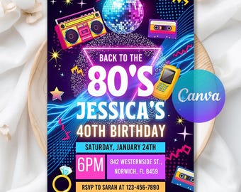 80s Invitation, Throwback Retro 80s Birthday Invite, Neon Glow Party, Digital Download, Editable Canva Template