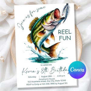 May include: A white invitation card with a watercolor illustration of a leaping fish with an open mouth, a fishing lure, and the words "REEL FUN." The card is for Kevin's 8th birthday, with event details and RSVP information.