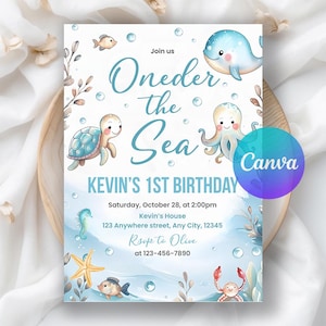 Puede incluir: Una invitación caprichosa para una fiesta de primer cumpleaños con temática submarina. El diseño presenta criaturas marinas de dibujos animados, incluyendo una ballena, un pulpo y una tortuga, con el texto "Oneder the Sea" y "Kevin's 1st Birthday".