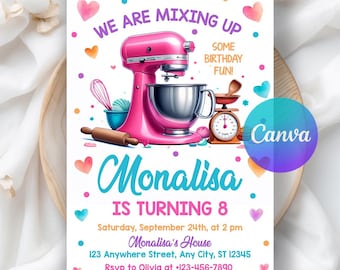 Invito per festa di compleanno a tema cucina, invito per festa di compleanno a tema cucina, modello Canva stampabile e modificabile per festa di compleanno a tema cucina
