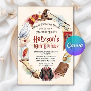 May include: A rectangular birthday invitation card featuring watercolor illustrations of a sorting hat, a striped scarf, a white owl, a wand, glasses, a broomstick, a robe, a book, and a golden snitch. Text reads: Calling all Witches and Wizards JOIN US FOR A MAGICAL PARTY Haryson's 10th Birthday SATURDAY, OCTOBER 28TH AT 4:00PM THE HAUNTED HOUSE 4935 WRIGHT COURT, HAMILTON, AL 35570 RSVP TO EVELYN AT 123-456-7890.