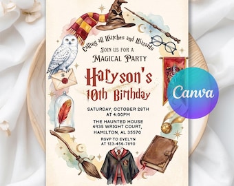 Invitación de cumpleaños de magos y brujas, invitación de magos, invitación de cumpleaños de escuela de magia y hechicería, descarga digital, plantilla editable de Canva
