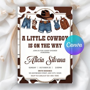 Cowboy Baby Shower Invitation Template, A Little Cowboy is on the Way Invite, Wild West Western Baby Shower Invite, Editable Canva Template