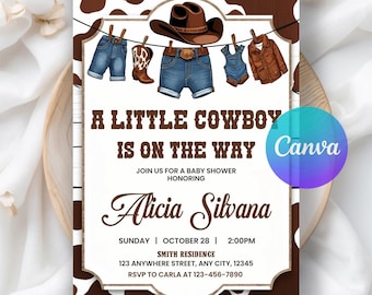 Cowboy Baby Shower Invitation Template, A Little Cowboy is on the Way Invite, Wild West Western Baby Shower Invite, Editable Canva Template