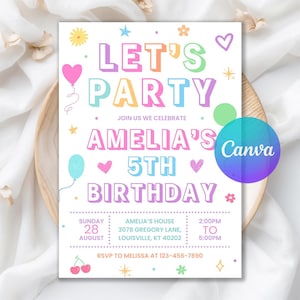 Invitación de fiesta, invitaciones de cumpleaños para niñas, cumpleaños de cualquier edad, invitación de cumpleaños sencilla y colorida, descarga digital, plantilla editable de Canva