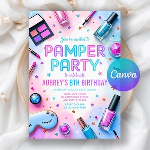 Spa Party Invitation, Spa Birthday Invitation, Tween Girls Birthday Party Invite, Pamper Party Invite, Glam Party, Editable Canva Template