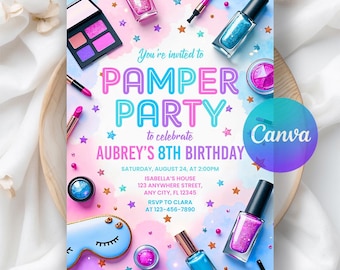 Może przedstawiać: Kolorowe zaproszenie na urodziny "Pamper Party". Projekt zawiera elementy makijażu, takie jak lakier do paznokci i cienie do powiek, wraz z tekstem "Pamper Party" i "Aubrey's 8th Birthday".