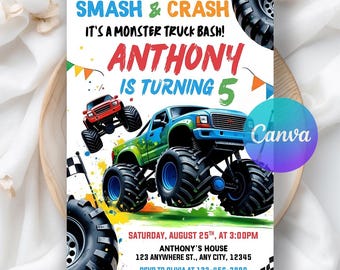 Monster Truck Birthday Invitation, Boy Monster Truck Birthday Invite, Monster Truck Party Invites, Digital Download, Editable Canva Template