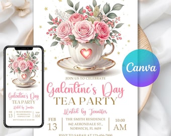 Valentine's Day Tea Party Invitation, Galentines Brunch Invite, Pink Floral Afternoon Tea, Digital Download, Editable Canva Template
