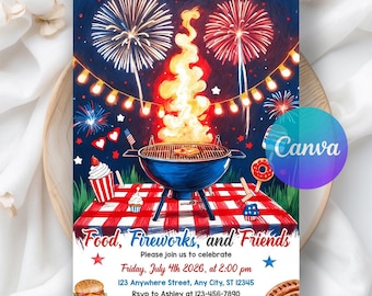 Editable 4th of July BBQ Invitation, 4th of July BBQ Invitation, Independence Day Invitation, Barbeque Grill Invite, Editable Canva Template