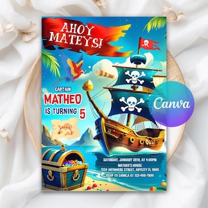 Puede incluir: Una colorida invitación de cumpleaños con temática pirata. El diseño presenta un barco pirata con velas de calaveras, un cofre del tesoro y un loro. El texto incluye "Ahoy Mateys!" y "¡El Capitán Matheo cumple 5 años!"