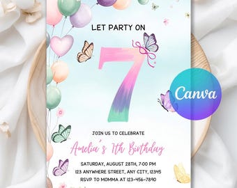 Editable 7th Birthday Invitation, Butterfly Invitation, Girl Birthday Invite, Balloon Butterfly Kids Party Invite, Editable Canva Template