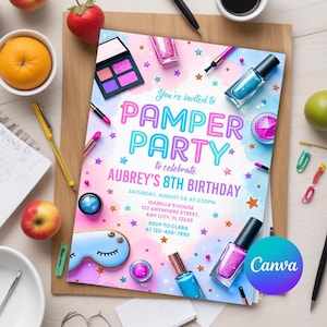 Spa Party Invitation, Spa Birthday Invitation, Tween Girls Birthday Party Invite, Pamper Party Invite, Glam Party, Editable Canva Template