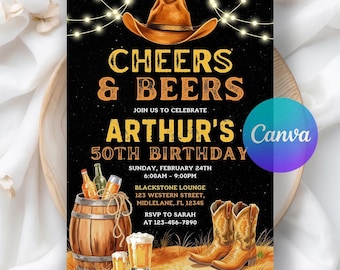 Invitación de cumpleaños "Botas de Cerveza y Saludos", Saludos y Cervezas, Cumpleaños de Vaquero Country Western, Invitación de Madera Rústica, Plantilla de Canva Editable